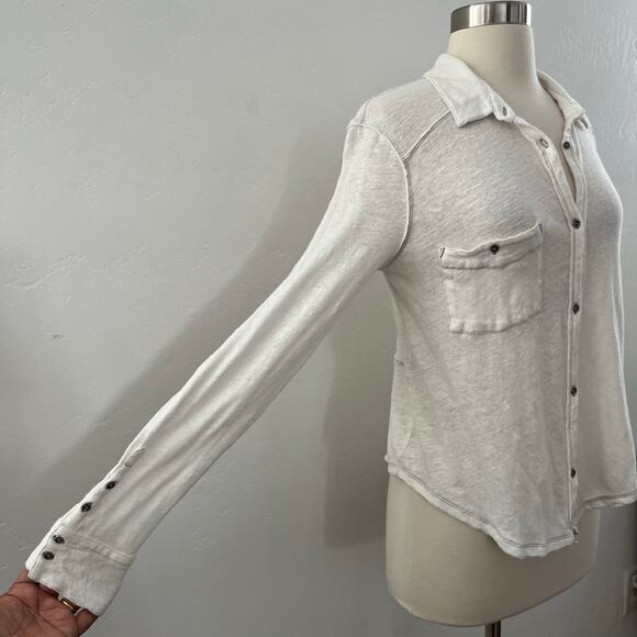 Free People We the Free Caroline Contrast Stitch Slub Shirt Linen Large White - Picture 5 of 11